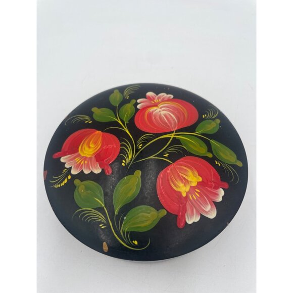 Vintage Russian Lacquered Hand painted Floral Trinket Box 5" x 2" - Picture 6 of 6